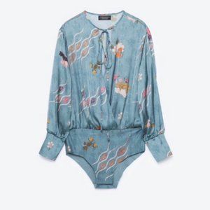 Zara Silk Tie Bodysuit Printed Long Sleeve Blouse